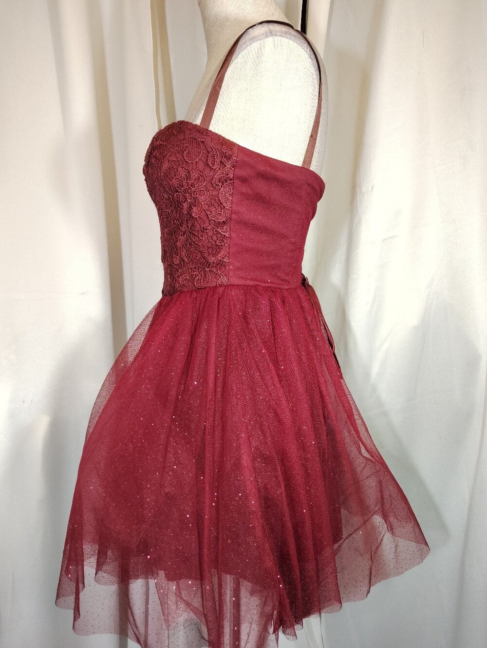 Masquerade Strapless Formal, Sparkles, Short burgundy Corset LaceUp Back, Lace,5 - Picture 4 of 13